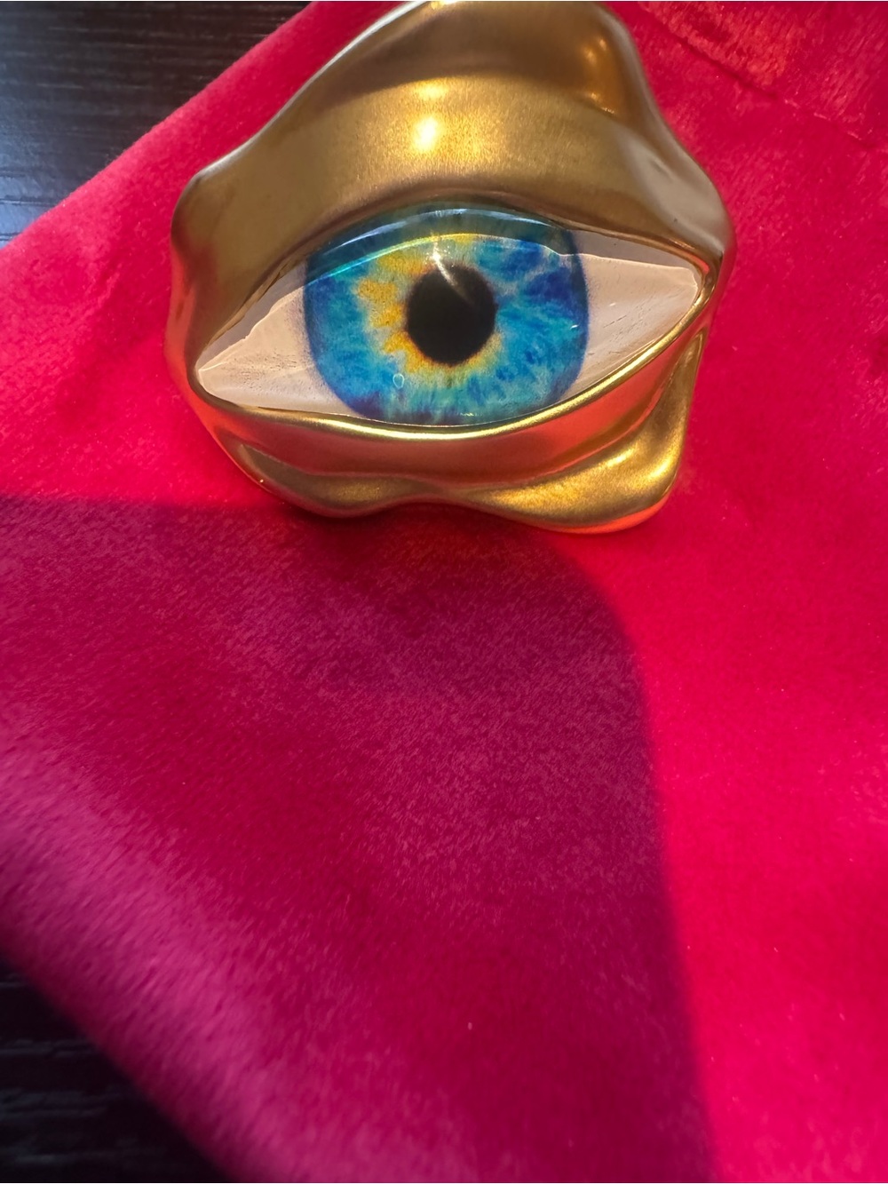Schiaparelli gold tone Eye Statement Ring with Blue Center adjustable - Picture 3 of 12